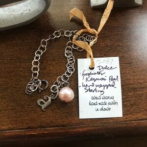 Hand wrapped Sterling Silver Chain Bracelet with Pink Pearl Charm